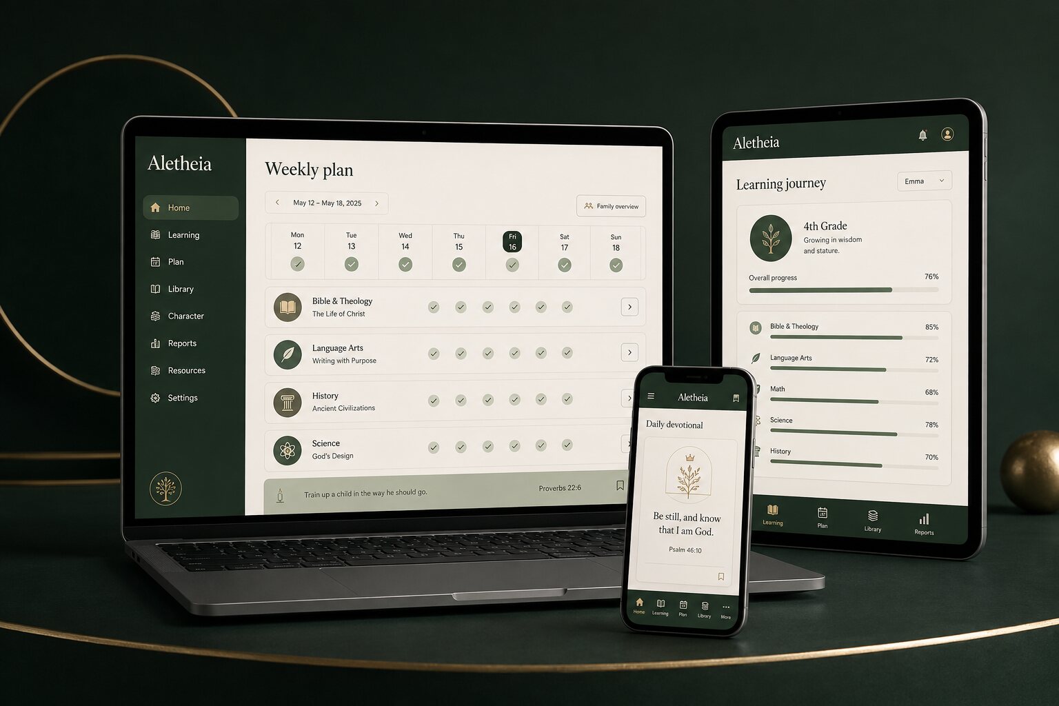 Aletheia learning platform shown on laptop, tablet, and phone