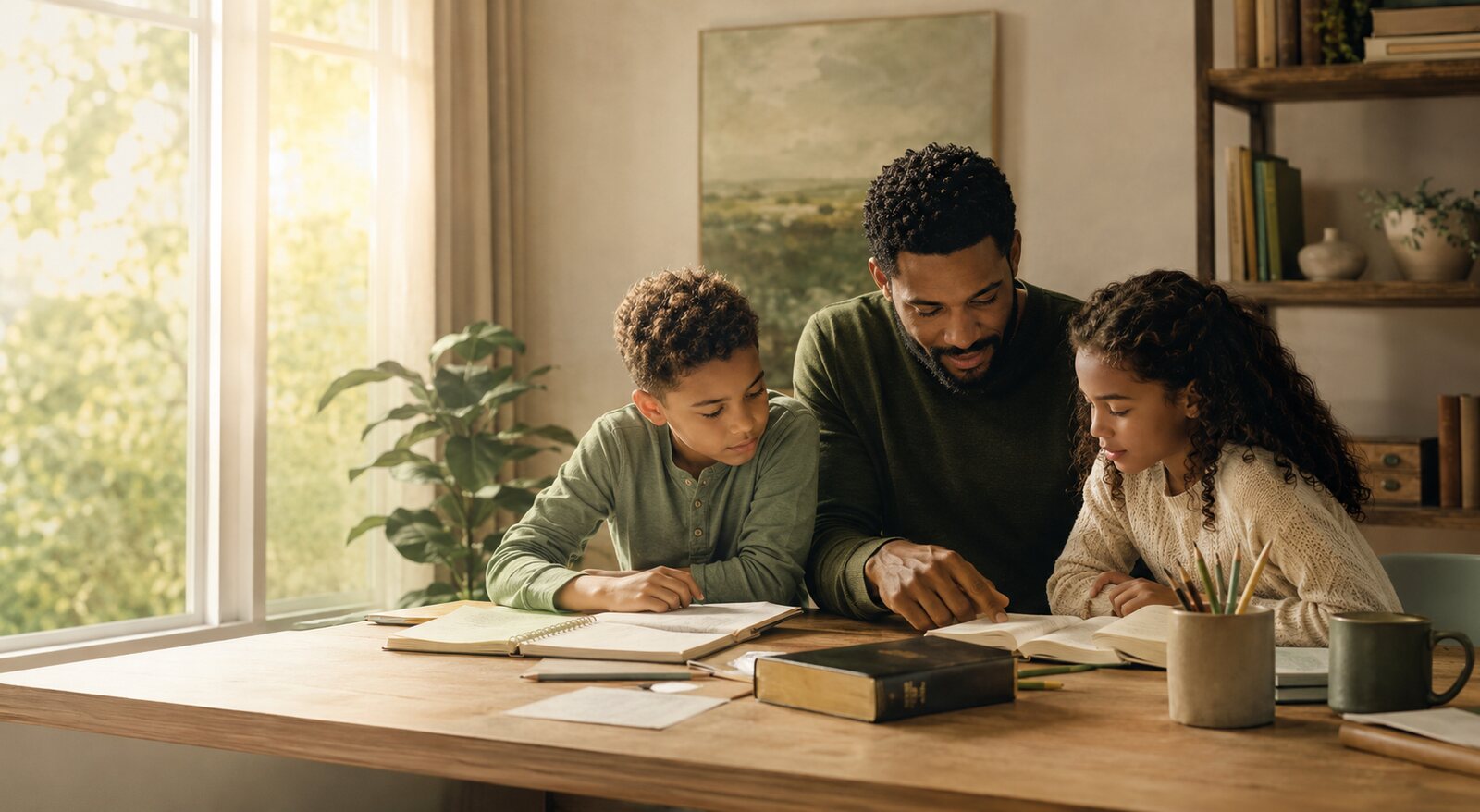 A parent guiding two children as they learn together at home